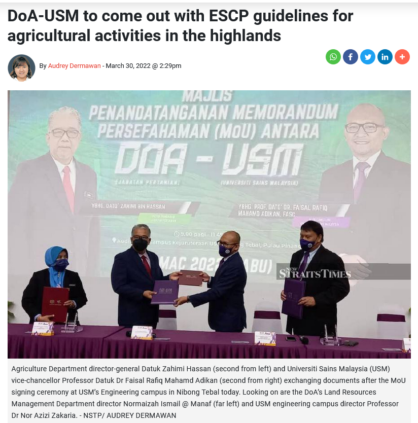 DoA USM to come out with ESCP guidelines for agricultural activities in the highlands New Straits Times